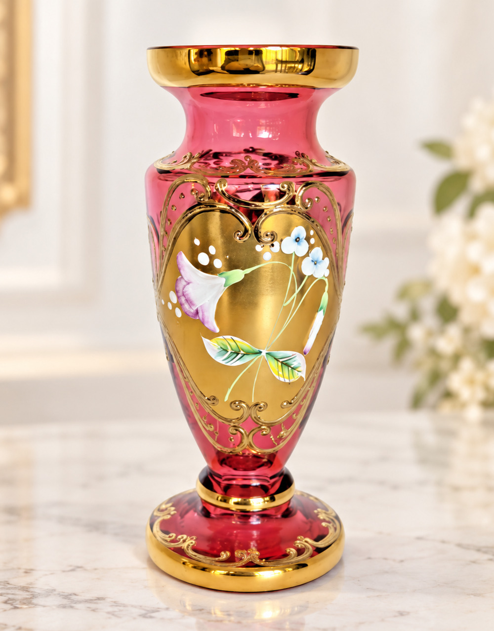 Antique Bohemian Cranberry Glass Vase Gold Gilt Applied Enamel Moser Style